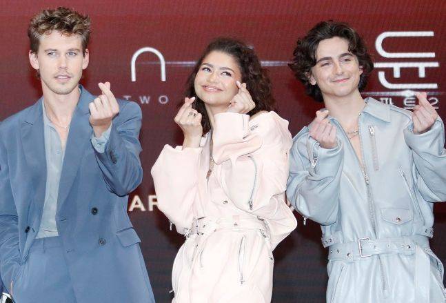 영화 '듄: 파트2‘로 내한한 배우 오스틴 버틀러(왼쪽부터)와 젠데이아, 티모시 샬라메. 뉴스1