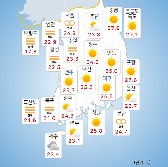 11일 오전 9시 현재 전국 날씨. [사진=기상청 날씨누리]