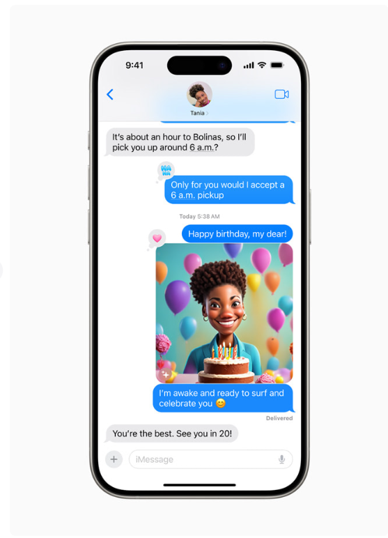메시지에서 이미지 플레이그라운드(Image Playground)를 사용하면 친구들에게 보낼 재밌는 이미지를 빠르게 만들 수 있고, 대화 내용에 기반한 맞춤 콘셉트 제안도 볼 수 있다. ⓒ애플