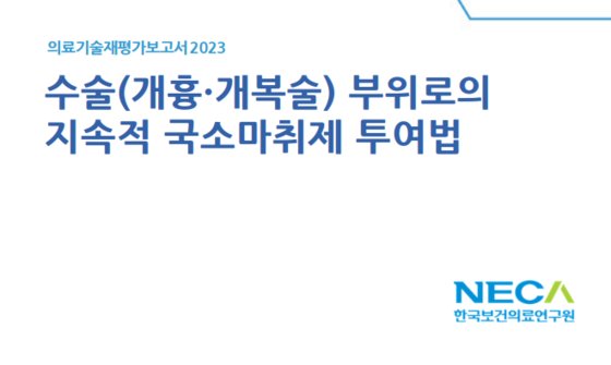 한국보건의료연구원(NECA)이 지난해 발간한 페인버스터(지속적 국소마취제 투여법)에 대한 의료기술 재평가 보고서.