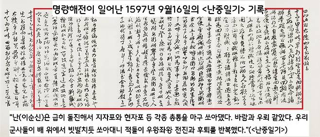 1597년 9월16일 왜선 130여척이 명량해협을 향해 진군하자 단 13척으로 무장한 조선 수군도 즉각 반격에 나선다.  이순신 장군은 급히 노를 저어 돌진하면서 지자포와 현자포 등 각종 총통을 마구 쏘아댔다. <난중일기> 1597년 9월16일자는 “마치 총통이 발사되는 광경이 바람과 우뢰 같았다. 우리 군사들이 배 위에서 빽빽하게 서서 빗발치듯 쏘아대니 적들이 감히 대들지 못하고 전진과 후퇴를 반복했다”고 썼다.