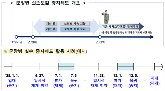 군장병 실손보험 중지제도 개요(위) 및 활용 사례 예시. <금융위 제공>