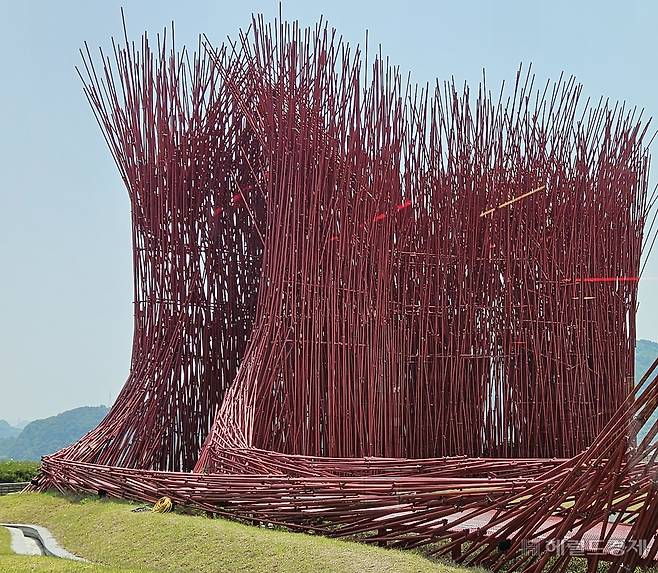 영월의 대표적인 볼거리로 자리잡은 젊은달 와이파크에 있는 설치미술 ‘붉은 대나무’