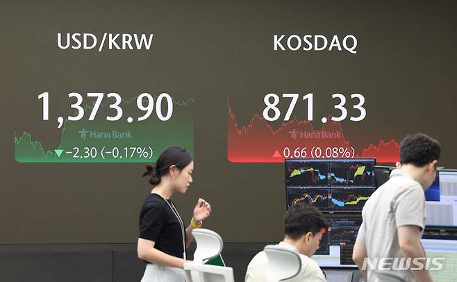 [서울=뉴시스] 김명년 기자 = 코스피가 전 거래일(2728.17)보다 26.72포인트(0.98%) 오른 2754.89에 장을 마친 13일 오후 서울 중구 하나은행 딜링룸에서 딜러들이 업무를 보고 있다. 코스닥 지수는 전 거래일(870.67)보다 0.88포인트(0.10%)내린 871.55에 거래를 종료했다. 서울 외환시장에서 원·달러 환율은 전 거래일(1376.2원)보다 2,3원 내린 1373.9원에 마감했다. 2024.06.13. kmn@newsis.com