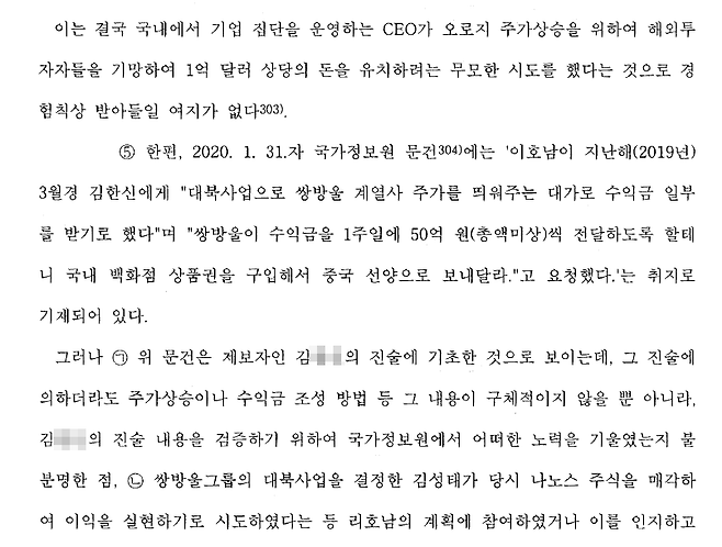 이화영 1심 판결문 200쪽(총 218쪽). 판사가 쌍방울 주가 조작을 내용으로하는 국정원 문건(2020.1.31.)을 믿을 수 없는 이유를 적었다.&nbsp;