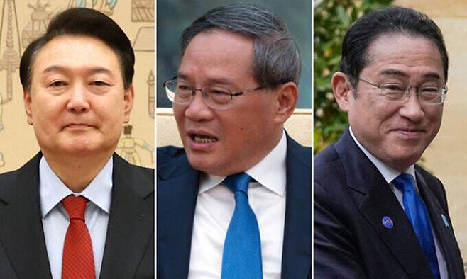 윤석열 대통령(왼쪽부터), 리창 중국 총리, 기시다 후미오 일본 총리. AP뉴시스