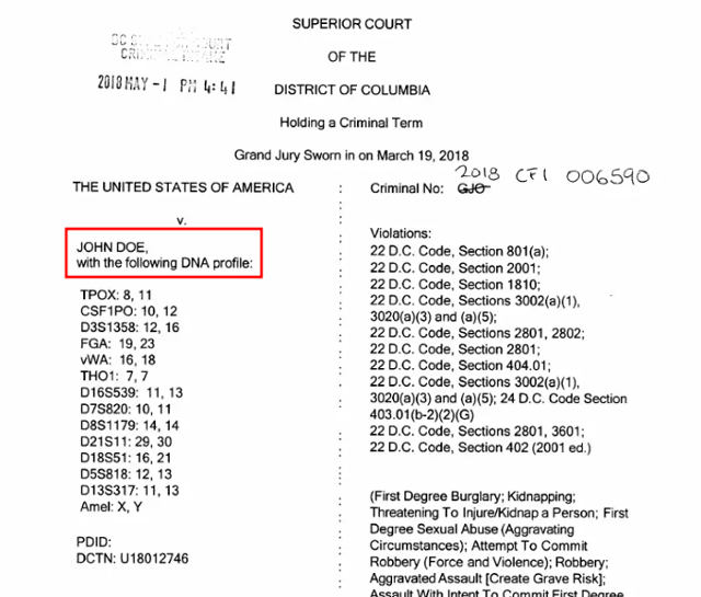 제시 K. 리우 컬럼비아특별구 검사가 2018년 5월 제출한 기소장. 피고인이 "아래와 같은 DNA 정보를 가진 존 도(John Doe·미국에서 신원미상의 남성을 일컫는 표현으로, 한국의 '아무개'에 해당)"로 명시돼 있다. 컬럼비아특별구 검찰청 제공