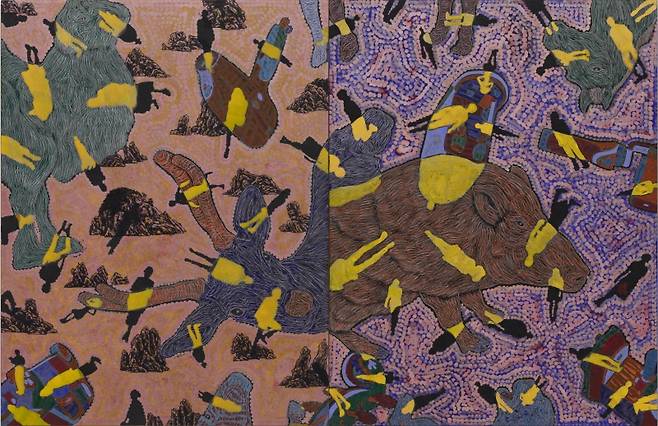 ▲허진 作 '이종융합동물+유토피아2020-4', 145×112cm×2개, 한지에 수묵채색 및 아크릴, 2020