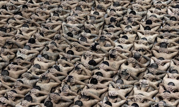 지난 11일(현지시간) 엘살바도르 대통령실에서 공개한 사진. 웃옷을 벗은 수감자들이 머리에 손깍지를 낀 채 테러범수용센터 바닥에 앉아 있다. AFP 연합뉴스