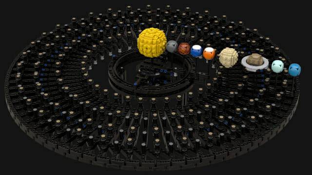 수직 적층 없이 태양계의 모든 행성을 모형화하는 아이디어를 모의 실험한 것(출처:marian42.de)