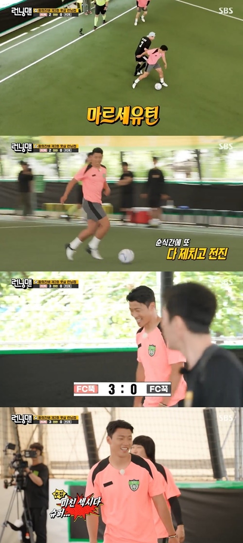 축구선수 황희찬이 ‘런닝맨’에서 월드클래스 면모를 톡톡히 과시했다. 사진=‘런닝맨’ 캡처