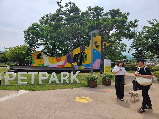 15일 서울 김포공항 건물 인근에 있는 펫파크에서 비행기 탑승을 앞두고 승객들이 반려견과 산책하고 있다. /서유근 기자