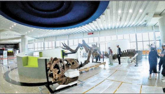 공룡연구 200주년 특별전을 위해 제작한 세계 최대 티라노사우루스 ‘스코티’의 레플리카를 조립하는 모습. 국립과천과학관