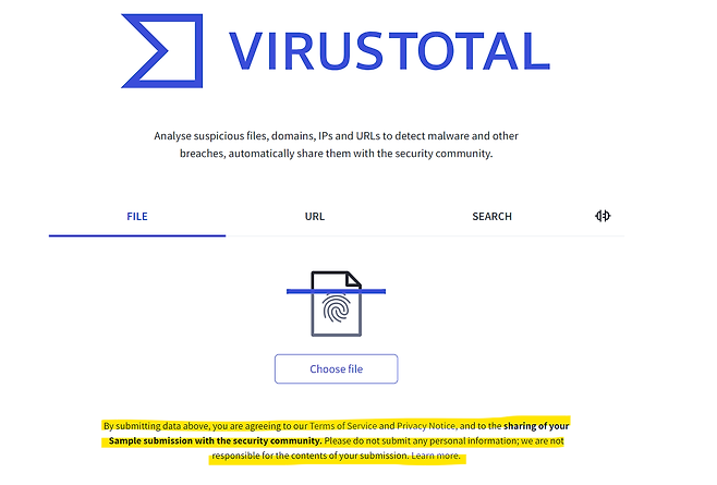 바이러스토탈 첫 화면. 데이터가 공유될 수 있으니, 개인정보는 올리지 말라고 명시하고 있다.