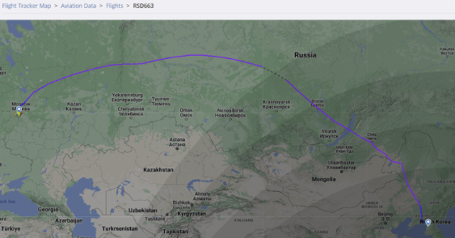 러시아 방북 선발대 항공기로 추정되는 러시아 특수비행단 소속 TU-204-300(RSD663)기의 항적. 해당 전용기는 18일 오전 8시 6분쯤 북한 평양 순안국제공항에 착륙했다. 플라이트레이더24