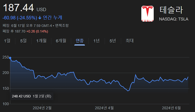 테슬라 올해 주가 흐름