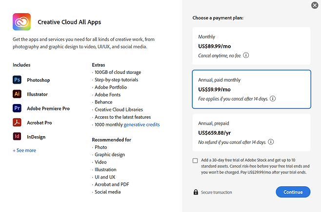 어도비 구독 플랜 선택 화면. 취소 수수료가 발생한다는 언급만 있을 뿐, 정확한 수수료율에 대한 안내는 찾아볼 수 없다 / 출처=어도비 홈페이지 캡처