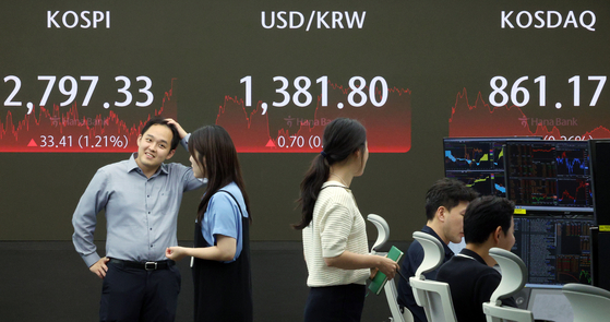 A screen in Hana Bank's trading room in central Seoul shows the Kospi closing at 2,797.33 points on Wednesday, up 1.21 percent, or 33.41 points, from the previous trading session. [NEWS1]