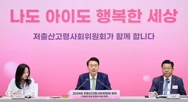 윤석열 대통령이 19일 '저출생 추세 반전을 위한 대책'을 주제로 열린 2024년 저출산고령사회위원회 회의에서 발언하고 있다. ⓒ 연합뉴스