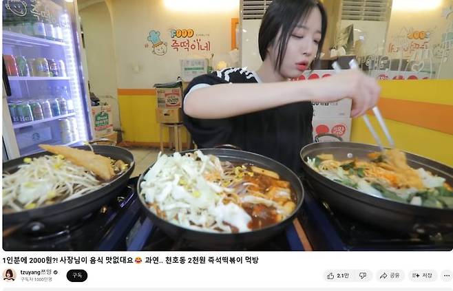 한국갤럽 조사 결과, 먹방 유튜버 쯔양이 인기 유튜버 순위 1위에 선정됐다. ⓒ쯔양 유튜브 캡처