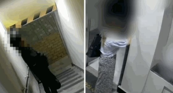 계단에서 미용실 업주(오른쪽)를 기다리고 있는 A씨(왼쪽). 사진 JTBC '사건반장' 캡처