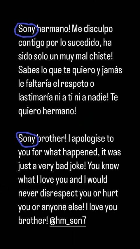 손흥민을 향한 인종차별 발언에 대한 로드리고 벤탄쿠르의 사과문.    로드리고 벤탄쿠르 SNS 캡처
