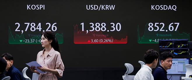 21일 오후 서울 중구 하나은행 딜링룸 화면이 이날 거래를 마친 코스피와 코스닥 지수, 원/달러 환율이 표시돼 있다. /연합뉴스