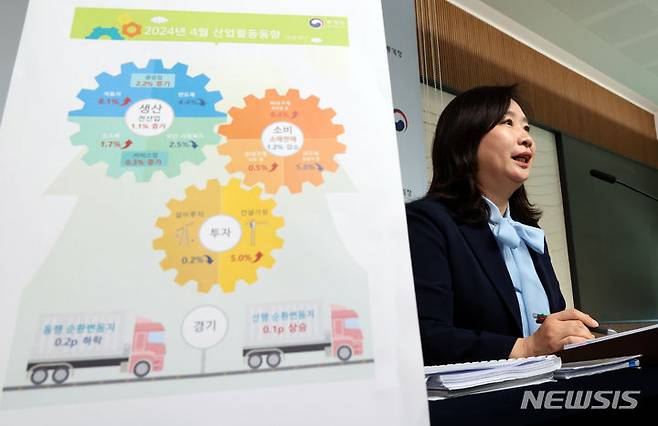 [세종=뉴시스] 강종민 기자 = 공미숙 통계청 경제동향통계심의관이 31일 세종시 정부세종청사에서 2024년 4월 산업활동동향을 발표하고 있다.  지난달 전(全)산업 생산(계절조정지수·농림어업 제외)은 전월 보다 1.1% 증가한 것으로 나타났다. 2024.05.31. ppkjm@newsis.com