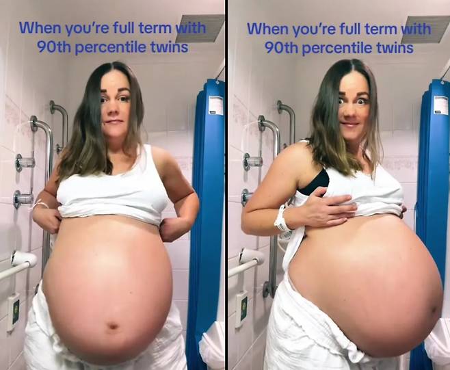 쌍둥이를 임신한 여성의 배가 유례없이 거대한 모습을 모여 화제다. tiktok/@ditchbricknell80