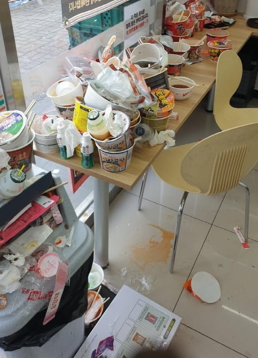 최근 온라인 커뮤니티에 올라온 사진. 제주도의 한 편의점 직원은 중국인 관광객이 왔다 간 이후의 모습이라며 쓰레기로 초토화 된 편의점 내부를 공개했다