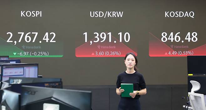 26일 오전 서울 중구 하나은행 본점 딜링룸 현황판에 코스피, 코스닥 지수, 원·달러 환율이 표시돼 있다. /연합뉴스