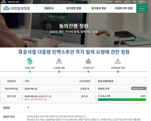 지난 20일 국회 국민동의청원 게시판에 올라온 윤석열 대통령 탄핵 청원이 상임위 회부 요건을 충족한 뒤, 청원 엿새만에 20만명 동의를 넘어서고 있다. 사진은 국회 국민동의청원 게시판 캡처. [사진=국회 홈페이지]