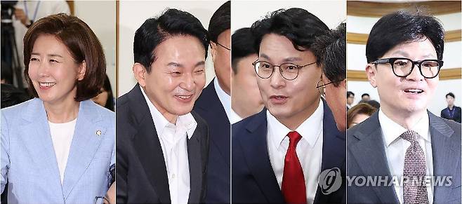 (서울=연합뉴스) 김주형 기자 = 국민의힘 당대표 출마 선언을 한 나경원 의원(사진 왼쪽부터), 원희룡 전 국토부 장관, 윤상현 의원, 한동훈 전 비상대책위원장이 전날 오전 국회에서 열린 국민의힘 초선의원 공부모임에 참석하고 있다. 2024.6.24 kjhpress@yna.co.kr 연합뉴스