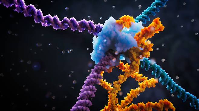 브릿지 재조합 메커니즘을 나타낸 그림. 브릿지 RNA(주황색)이 DNA를 자를 위치를 안내하면 효소(하늘색)가 DNA 두 가닥(보라색, 파란색)을 잘라 교차해 붙인다./네이처(Nature)
