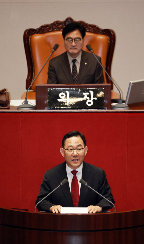 27일 국회 본회의장에서 국회 전반기 여당 몫 국회부의장에 선출된 주호영 국민의힘 의원이 당선 인사를 하고 있다. 한주형 기자