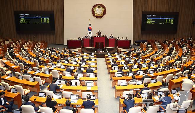 27일 오후 서울 여의도 국회에서 열린 제415회 국회(임시회) 제3차 본회의에서 7개 상임위원장 선거 결과가 발표되고 있다. 상임위원장은 윤한홍 정무위원장, 송언석 기획재정위원장, 김석기 외교통일위원장, 성일종 국방위원장, 이철규 산업통상자원중소벤처기업위원장, 신성범 정보위원장, 이인선 여성가족위원장이 선출됐다. 2024.6.27/뉴스1 ⓒ News1 김민지 기자