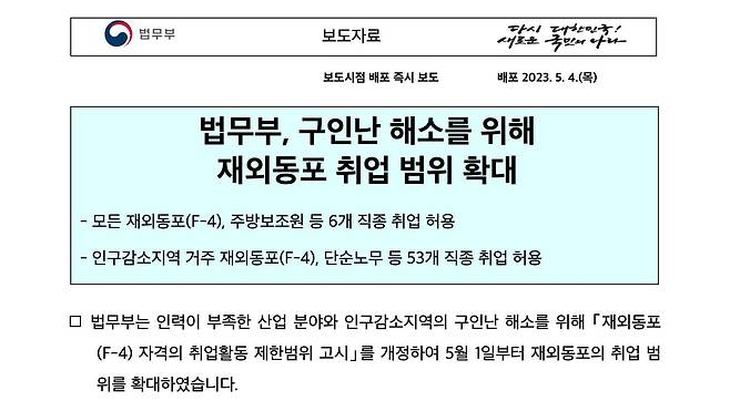 한국 정부는 구인난 해결을 위해 재외동포들의 유입 및 취업을 더욱 장려하고 있다