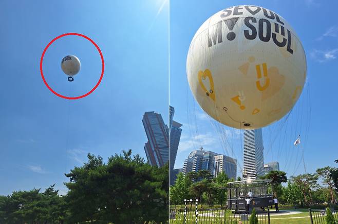 28일 오전 10시쯤 서울 영등포구 여의도에 계류식 가스기구 '서울달'이 하늘 위에 떠올랐다./사진=김지은 기자