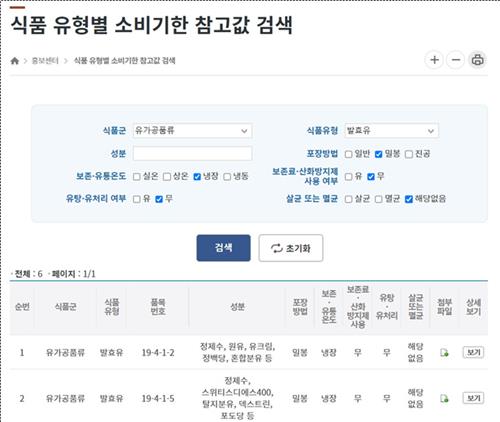 식품 소비기한 참고값 검색 홈페이지 ⓒ식약처 제공