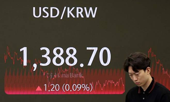 서울 외환시장에서 원·달러 환율이 전 거래일(1387.5원)보다 1.2원 오른 1388.7원에 마감한 26일 오후 서울 중구 하나은행 본점 딜링룸에서 딜러가 업무를 수행하고 있다. ⓒ뉴시스