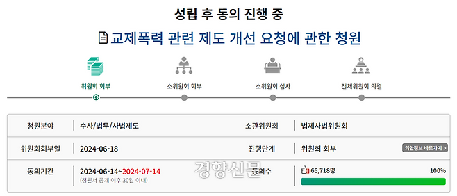 국회 국민동의청원 홈페이지 화면 캡처. 거제 교제폭력 사건 피해자 이효정씨 어머니가 교제폭력 관련 제도 개선을 요청하며 올린 청원이 6월 27일 기준 시민 6만6718명의 동의를 받았다. 국회 국민동의청원은 시민 5만명 이상의 동의를 받으면 국회 심사 안건으로 회부된다.