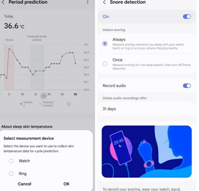 생리추기 예측과 코골이 감지 기능 (사진=안드로이드오쏘리티)