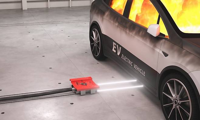 '건물용 전기차 화재진압 시스템' 시연 모습. 사진=DL이앤씨