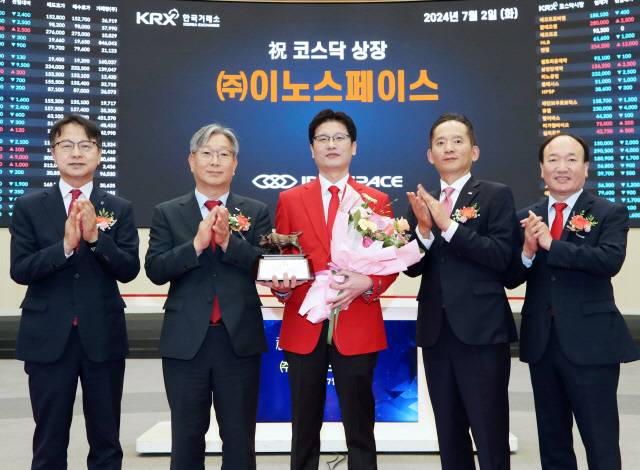 2일 오전 한국거래소 서울사옥에서 열린 이노스페이스 코스닥시장 상장기념식. (왼쪽부터) 김대영 한국IR협의회 부회장, 홍순욱 한국거래소 코스닥시장본부장, 김수종 이노스페이스 대표이사, 강성범 미래에셋증권 부사장, 강왕락 코스닥협회 부회장. [한국거래소 제공]