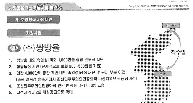 쌍방울이 작성한 북남협력사업제안서. 2018년 12월 말에 김성태 회장이 안부수와 함께 중국으로 건너가 북측에 건넸다.&nbsp;