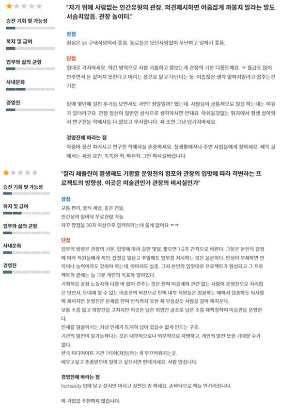아트센터 나비의 전 직원들이 남긴 기업 정보 플랫폼 A사의 2020~2023년 리뷰를 보면 이직자와 취업준비생들에게 '회사를 추전하지 않는다'는 글들을 찾아볼 수 있다. /인터넷 캡처