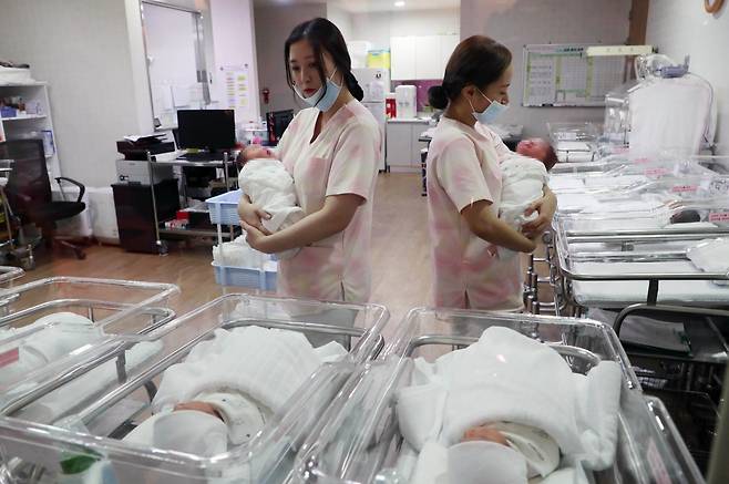 대전 서구의 한 여성병원 신생아실에서 간호사들이 아기들을 돌보고 있다. 기사 내용과 연관 없음. /뉴스1