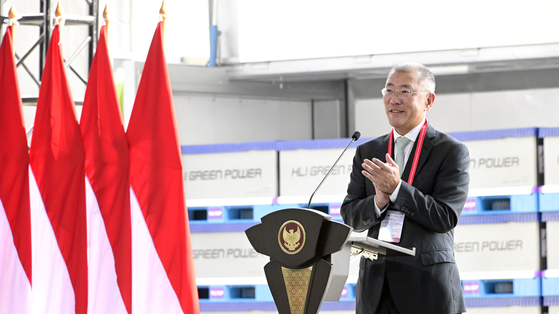 Hyundai Motor Group Chairman Euisun Chung speaks during an event celebrating the company's completion of an EV battery plant in Karawang, Indonesia, on Wednesday. [HYUNDAI MOTOR]