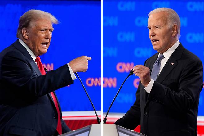 27일(현지시간) 미국 조지아주 애틀랜타 CNN 스튜디오에서 열린 미 대선 후보 첫 TV 토론에 참석한 조 바이든 대통령(오른쪽)과 도널드 트럼프 전 대통령이 격돌하고 있다. [연합]