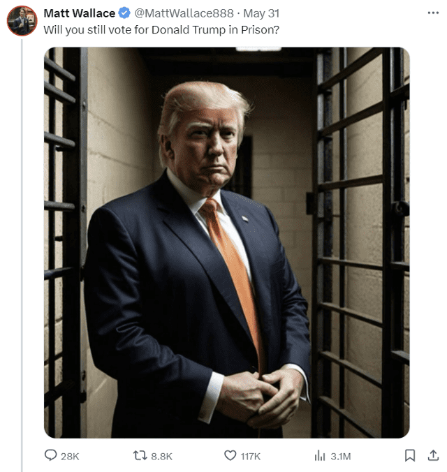 엑스에서 180만 명의 구독자를 보유한 맷 월리스가 자신의 계정에 올린 AI 생성 이미지. (사진=맷 월리스 엑스 캡처)